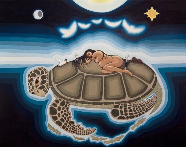 a naked woman lying on the back of a large turtle in the middle of the ocean beneath a full moon