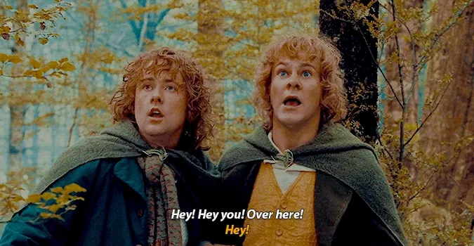 Merry and Pippin save Frodo by distracting the orcs yelling "hey, hey you! Over here! Hey!"
